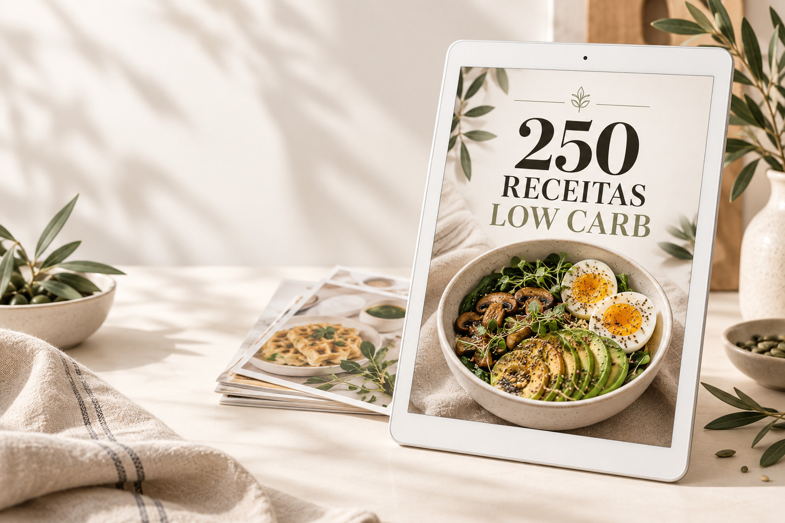 Tablet exibindo o ebook 250 Receitas Low Carb em uma cozinha clara